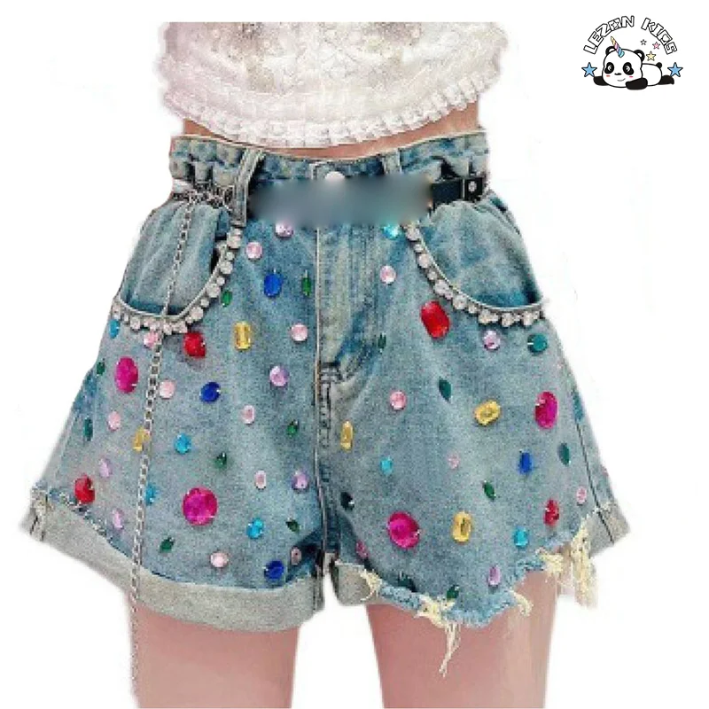 LEZONKIDS - 2024 OEM ODM Shorts femininos de jeans com contas bonitas de cintura elástica para crianças de 2-12 anos para crianças
